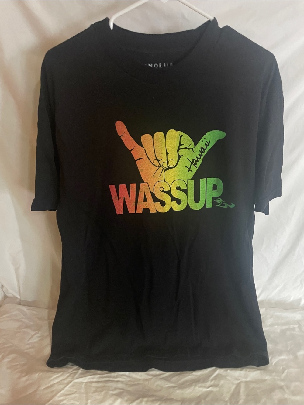 Black 'WASSUP' Graphic Tee with Multicolor Shaka Print